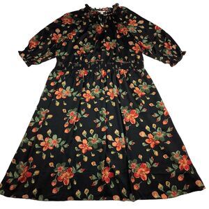 Terra Sky Smocked Midi Peasant Dress Black Floral Women's 3X 24W 26W 3/4 Sleeve